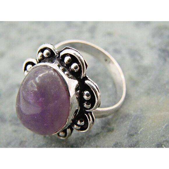 Amethyst Natural Stone Ring Sterling Silver Plated Birthstone Floral Frame 7.5 - Picture 8 of 10